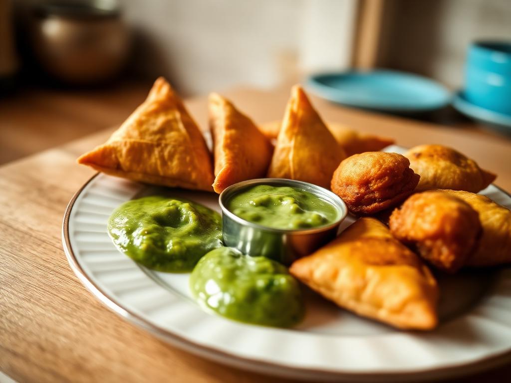 Plate of golden Bangladeshi samosas and pakoras with green chutney