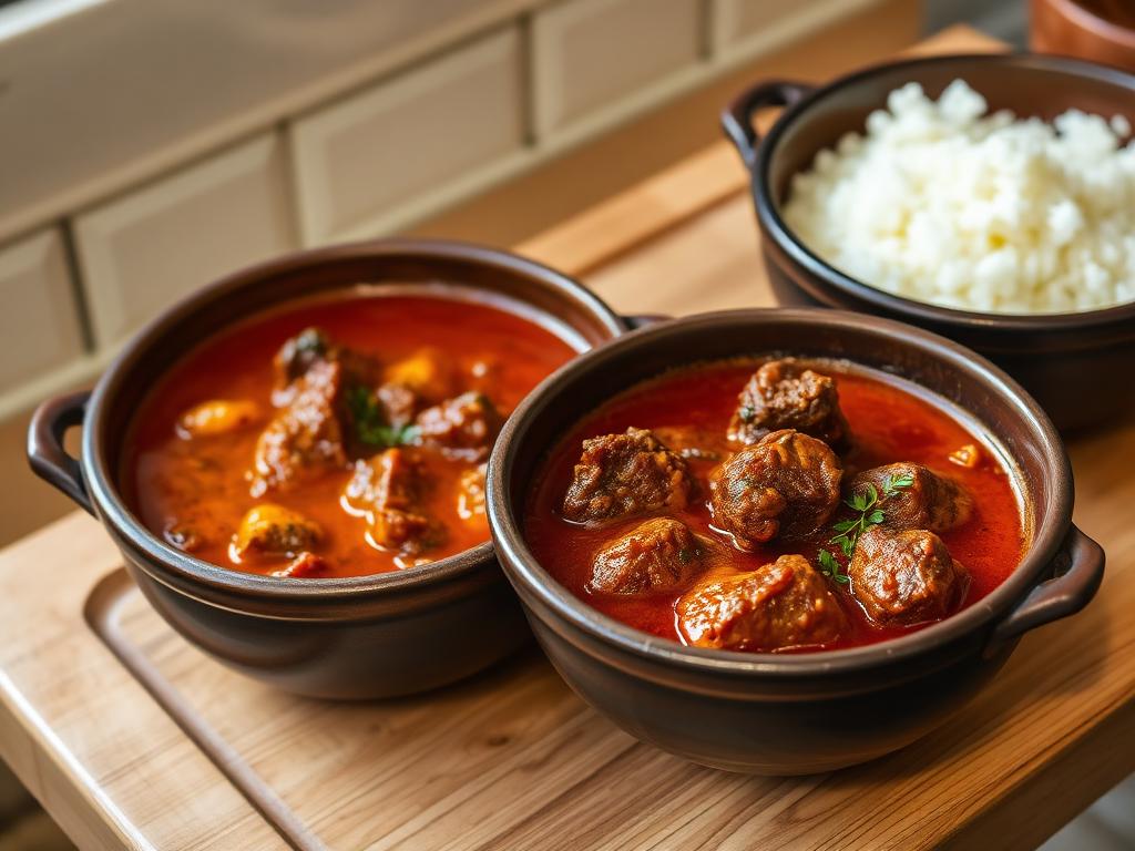 Two clay bowls of rich Bangladeshi beef curry and mutton rezala with rice