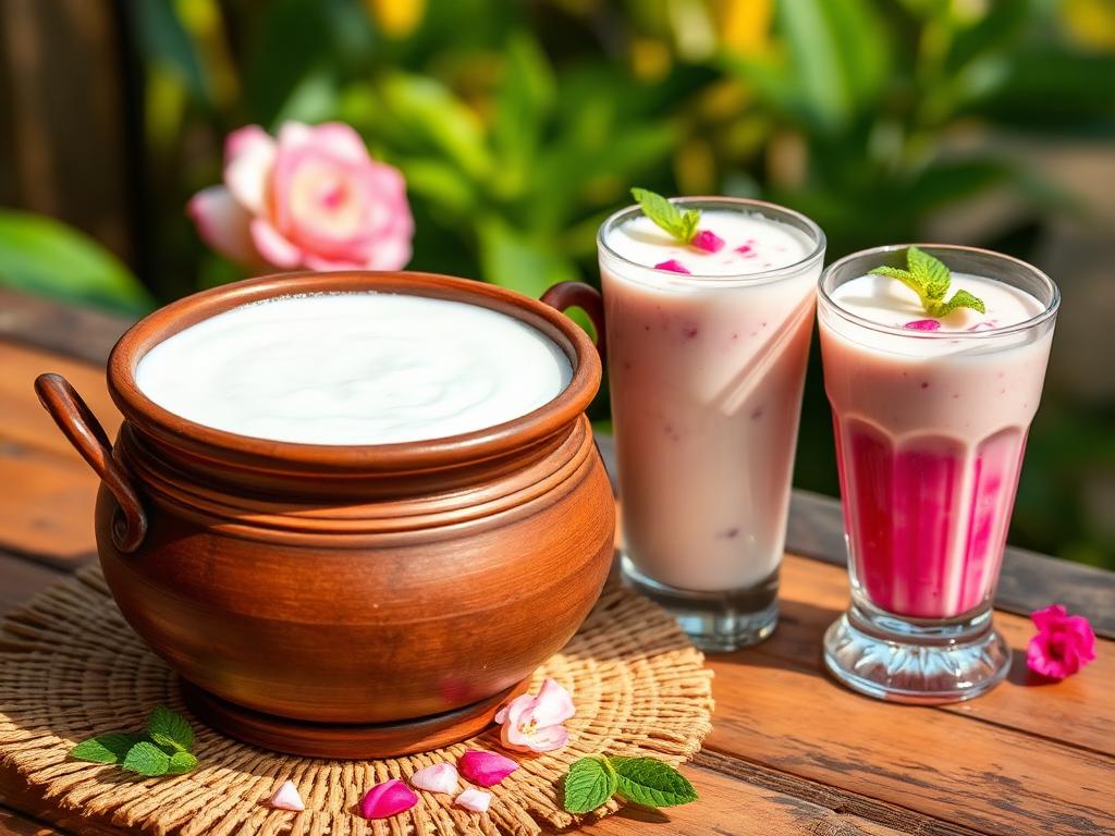 Bengali misti doi in a clay pot with glasses of falooda and borhani