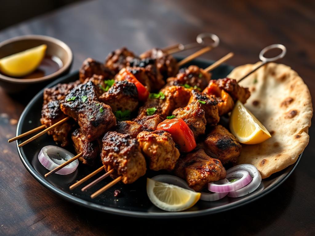 Bangladeshi beef and chicken kababs with naan and lemon