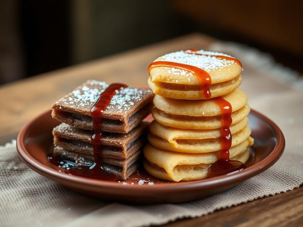 Stacked Bangladeshi pitha sweets with date molasses on a clay plate