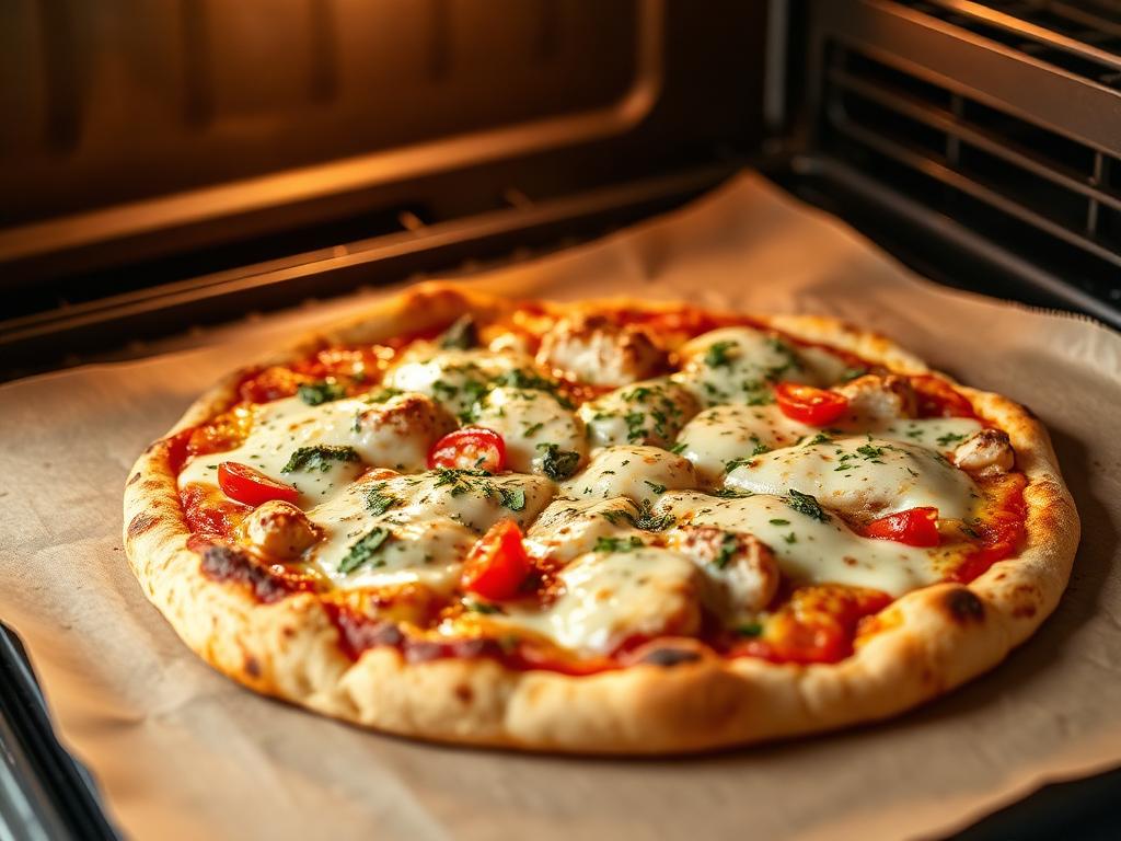 Homemade chicken pizza fresh from the oven with melted cheese and herbs