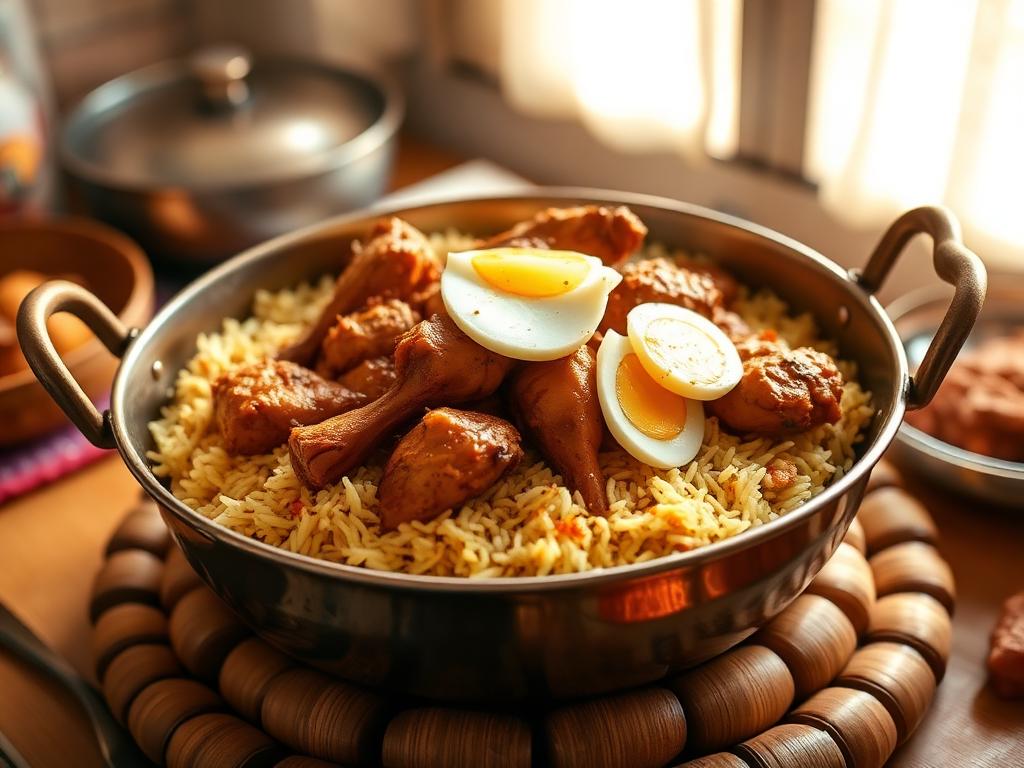 Bangladeshi chicken biryani in a copper serving dish with egg
