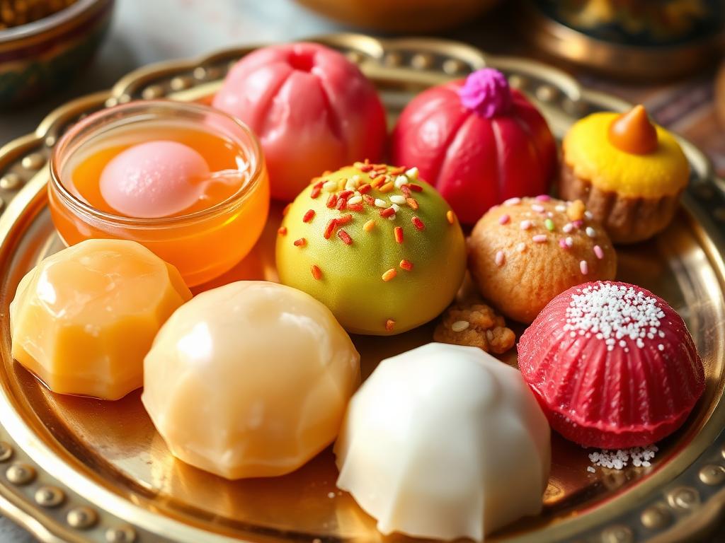 Colorful Bengali mishti sweets on a brass platter