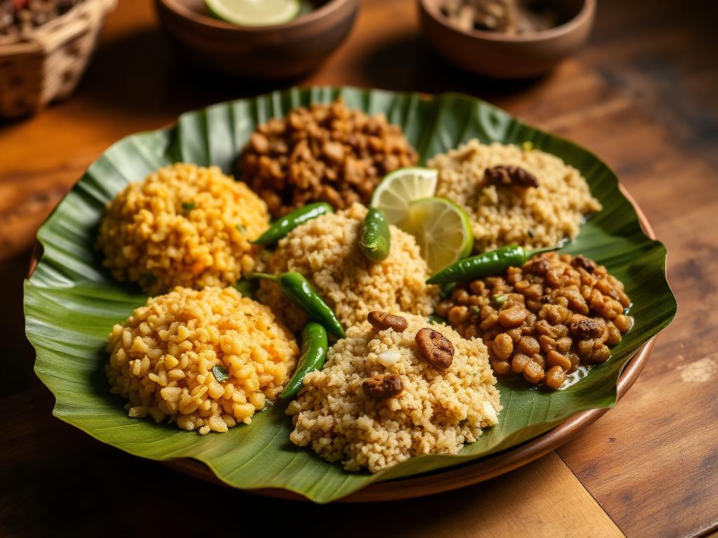 Bangladeshi vorta platter on a banana leaf with green chilies and lime